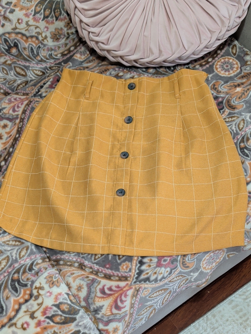 Potter's Pot Mustard Windowpane Button-Front Mini Skirt